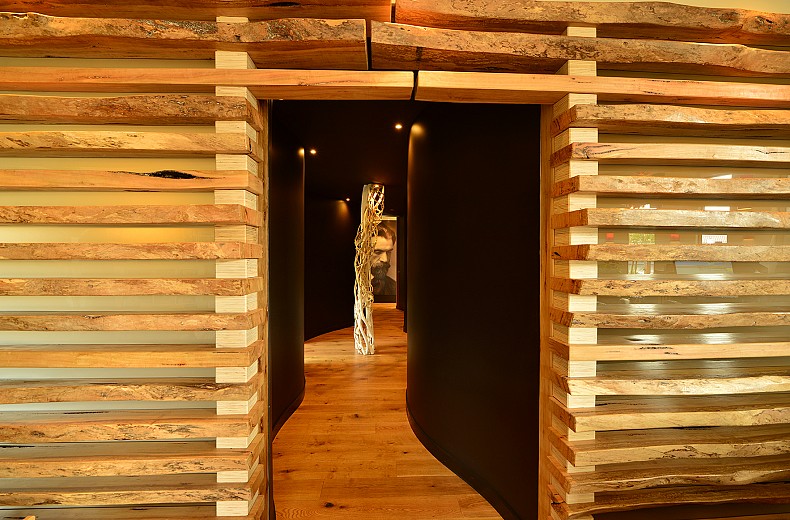 Translucent glass between slabs of radial cut timber give a lantern effect as you enter the curved hallway running down the spine of the ground floor.