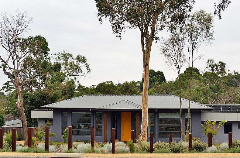 The long house form runs almost the full width of the large block.  Subtle tones with the clients passion for an entry door that is large and bright.
